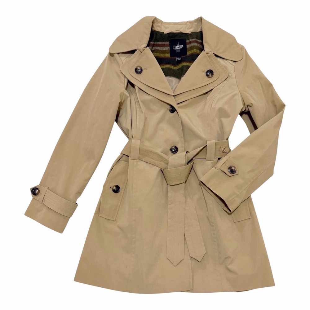 London Fog Trench Coat Women's Large Tan Belted Double Collar Long Classic